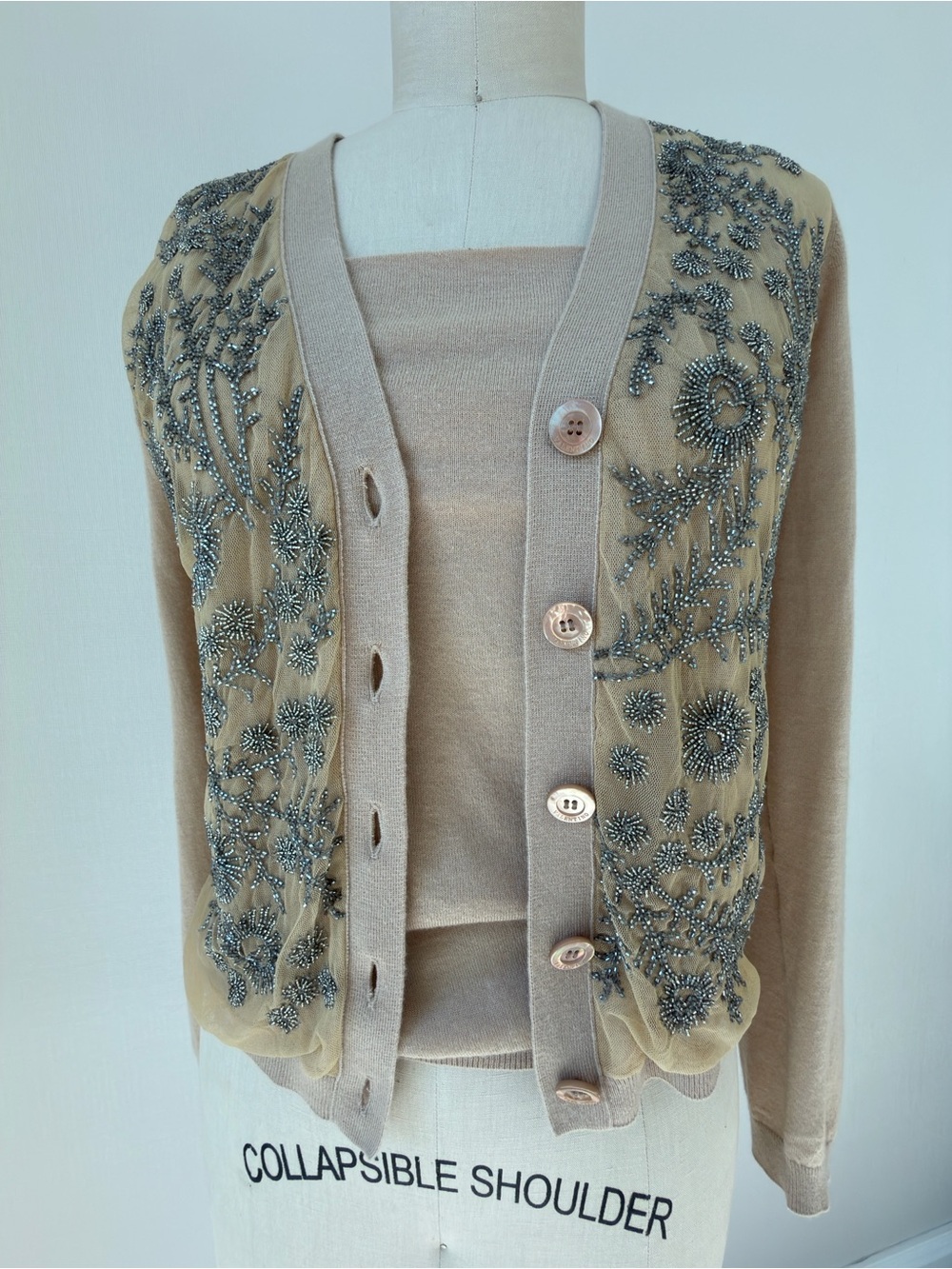 Vintage Valentino Beige Beaded Floral  set  Cardigan and sleeveless top,Size S-M